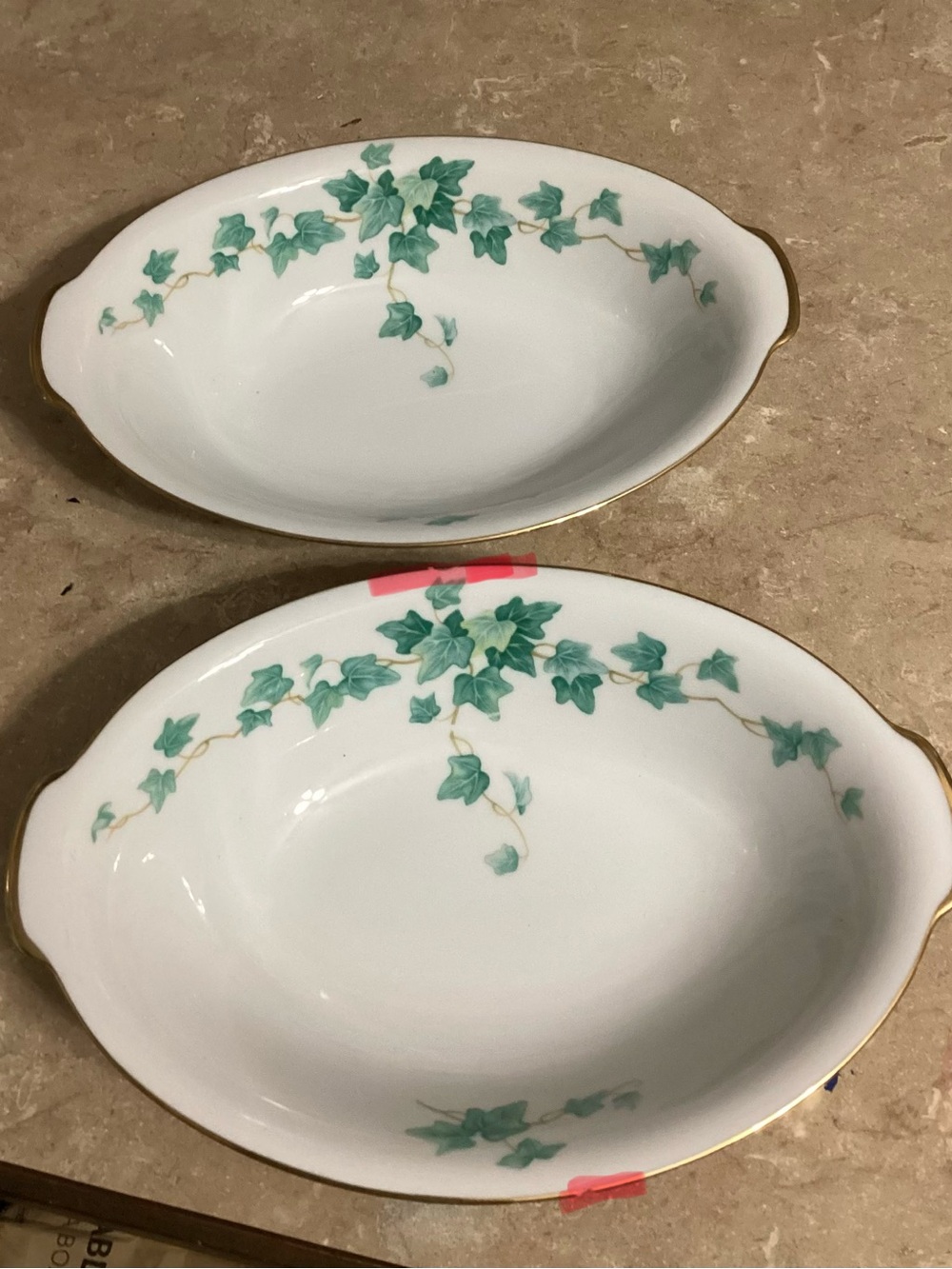 Sango White Porcelain Serving Bowls with Green Ivy and Gold Trim - Set of 2